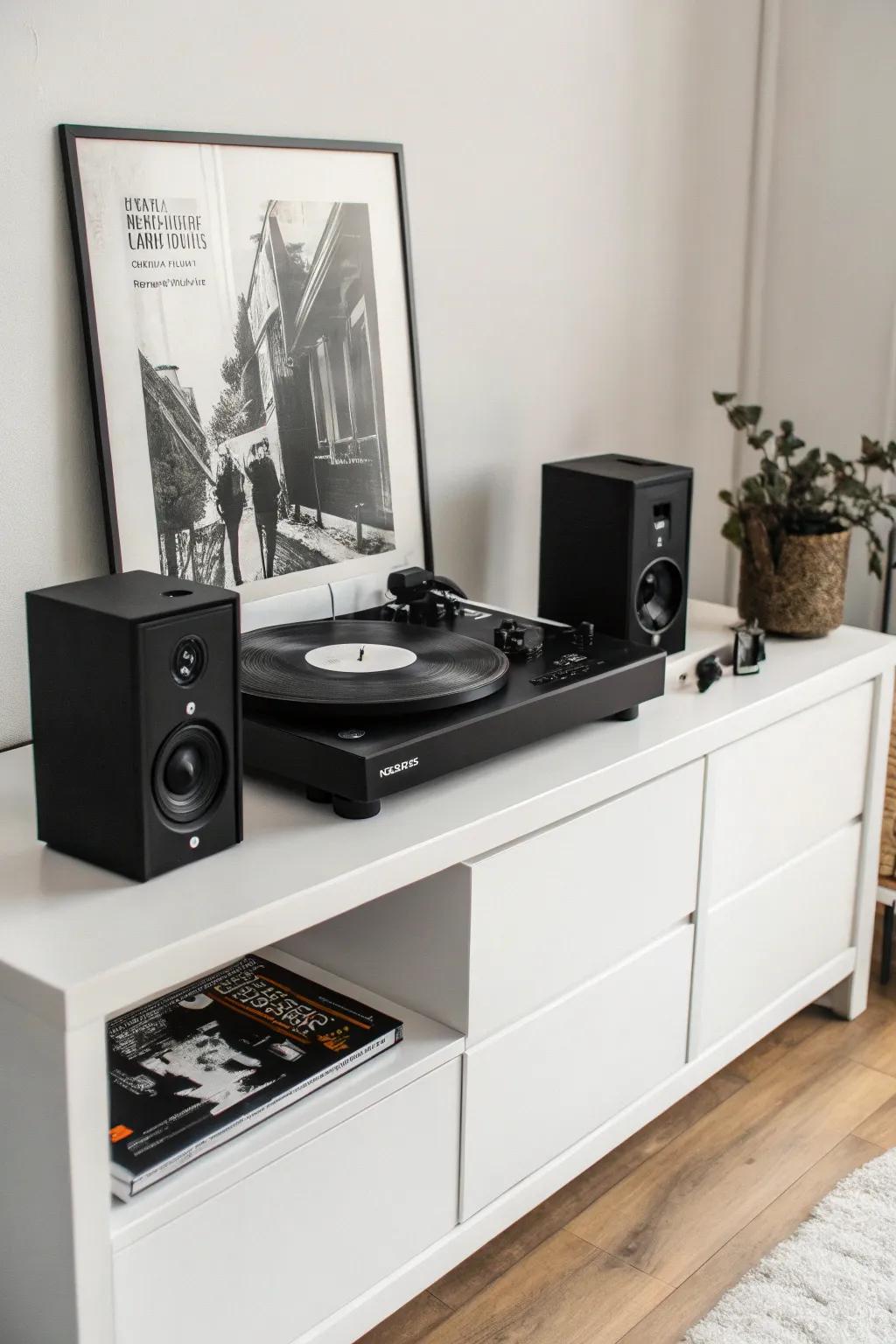 Minimalist black and white record player setup.