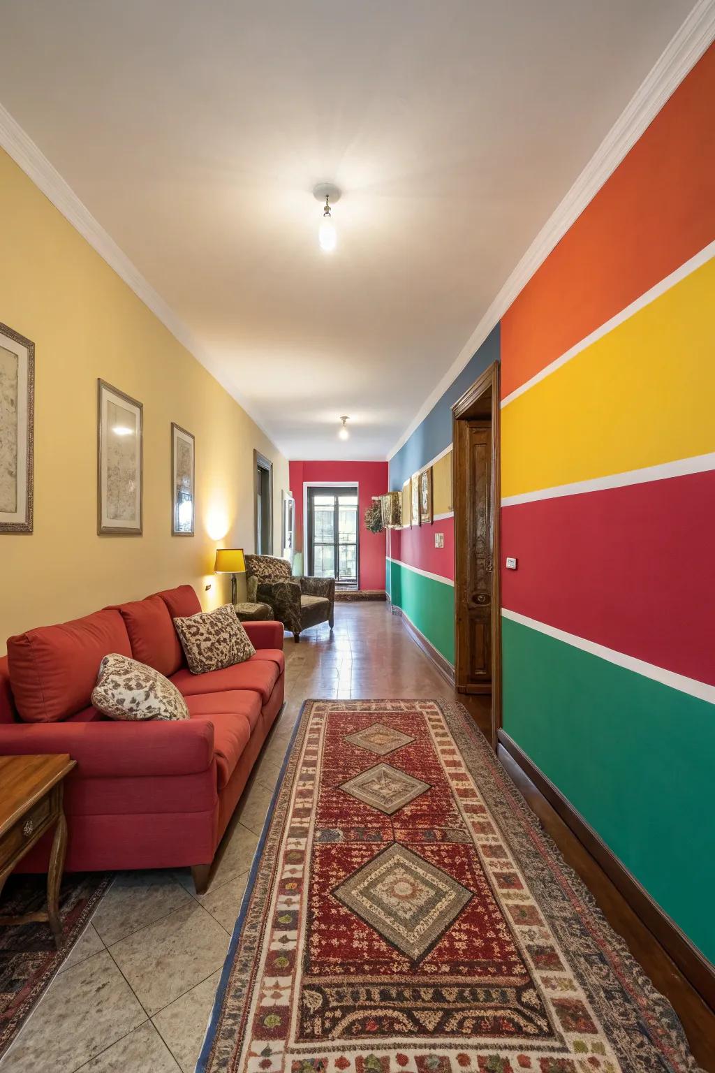 Color blocking adds character and defines areas in a slim area.