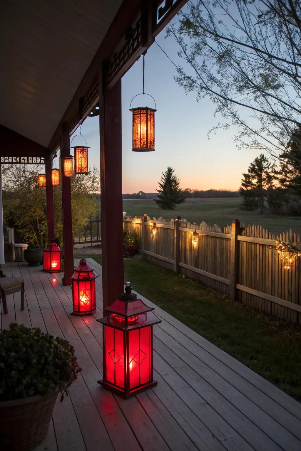 Country scarlet lamps constructing a warm outdoor ambiance.