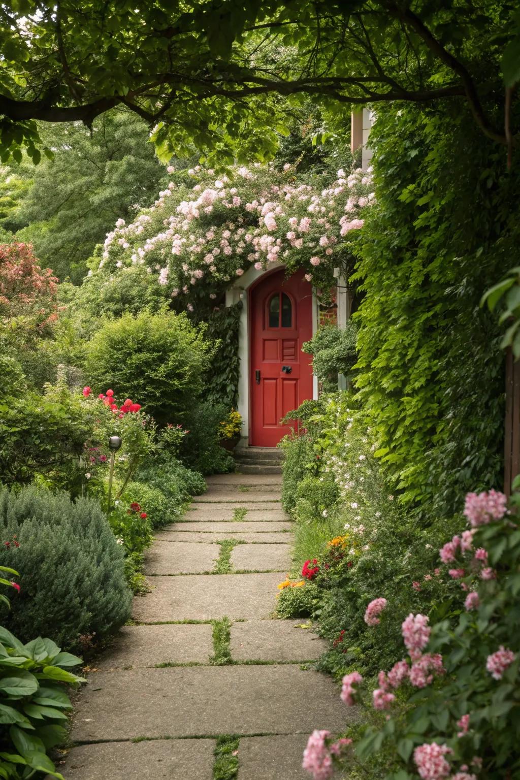 Mystical garden pathway leading to a scarlet door.