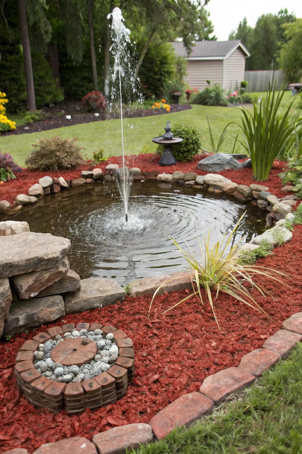 Garnet ground cover accents water elements, drawing consideration to garden ponds and fountains.