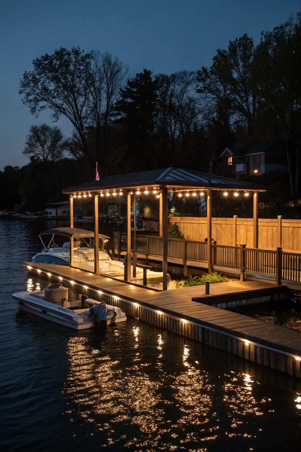 A dock illuminated by ambient lighting for evening appeal.