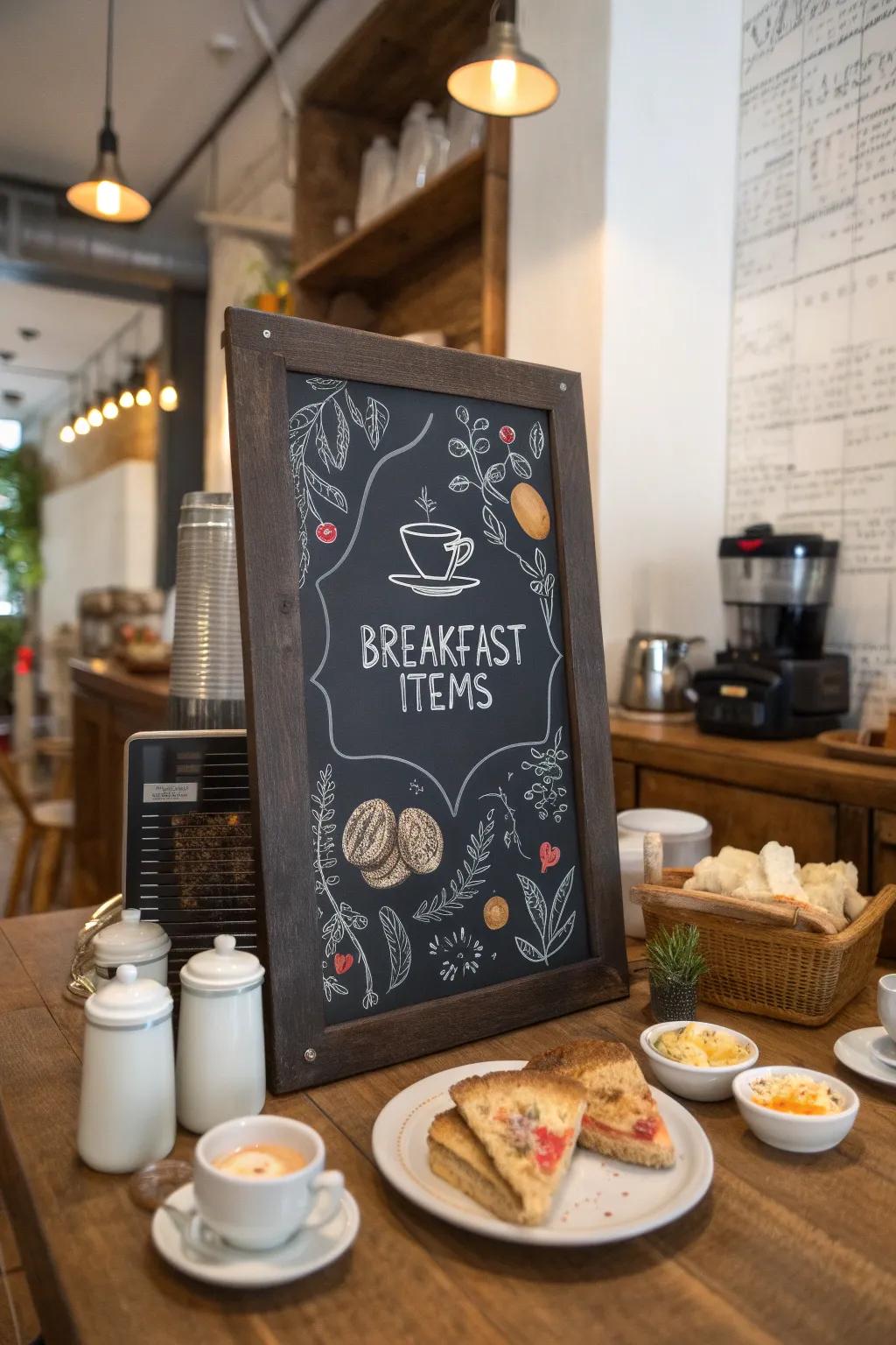 A themed chalkboard menu focusing on breakfast, complete with charming drawings.