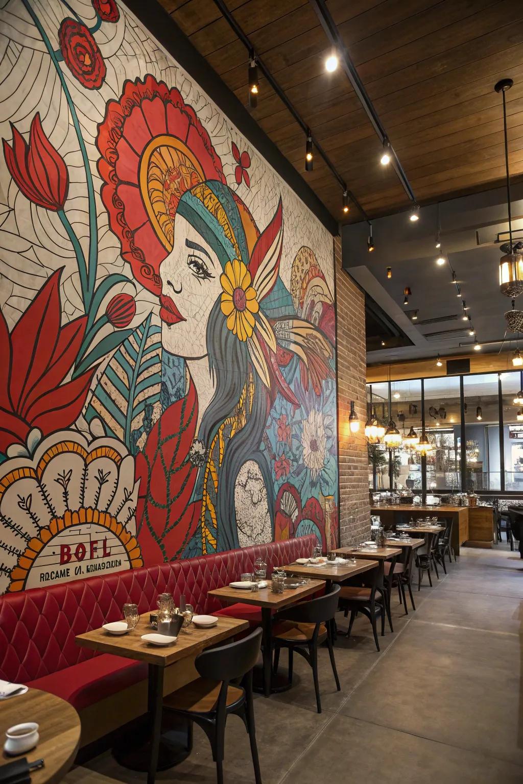 Murals add storytelling and artistic flair.