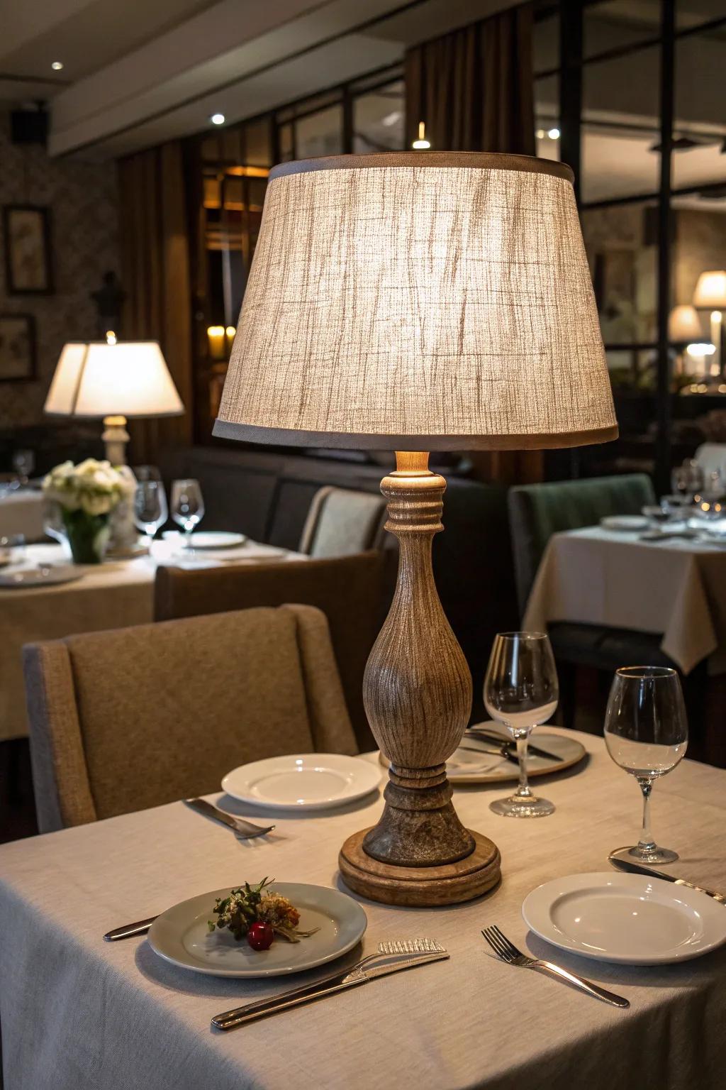 A table lamp with a textured fabric shade on a restaurant table with cozy decor.