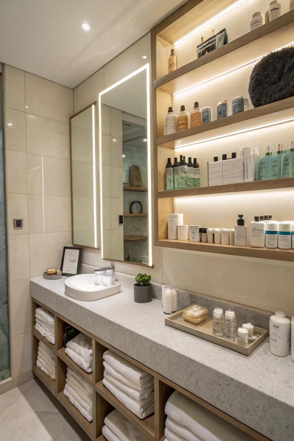 Built-in storage keeps this bathroom organized and stylish.