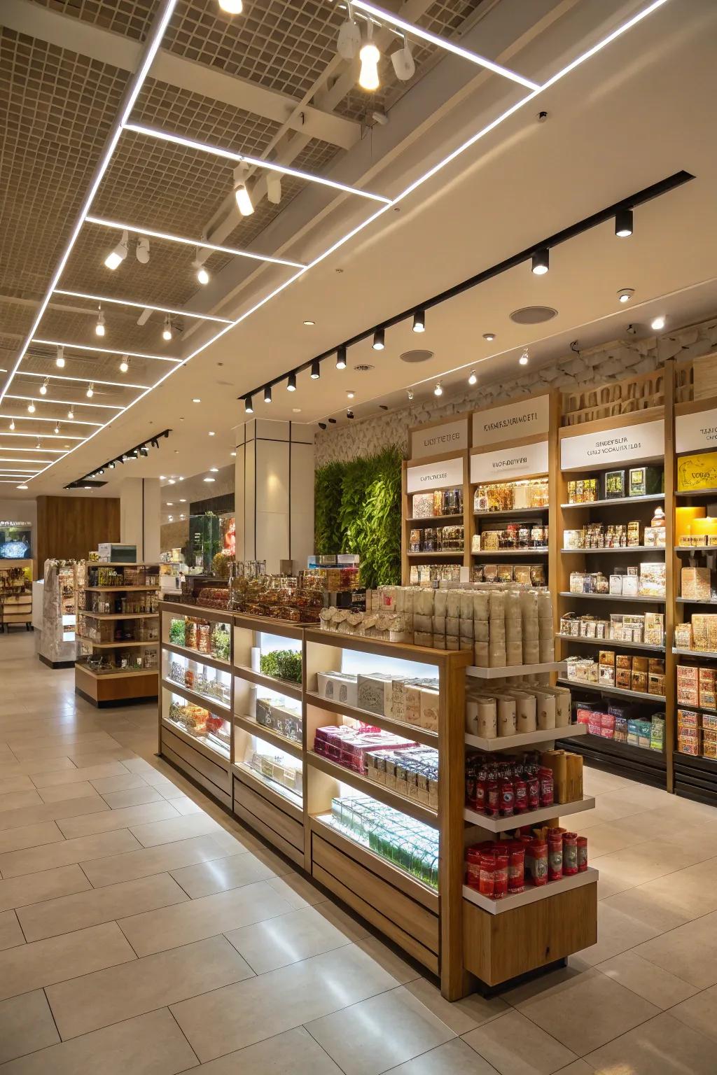 Layered lighting adding intrigue and dimension to the store.