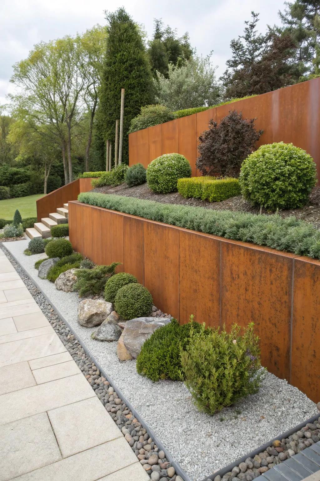 Weathered steel walls introduce an element of industrial chic to gardens.