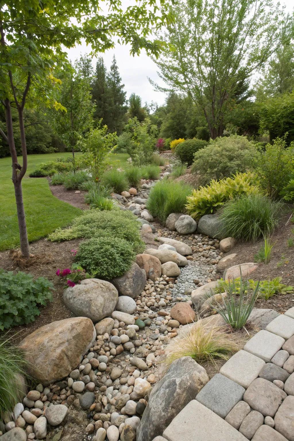 A smooth stone creek bed offers an eco-friendly solution to garden drainage problems.