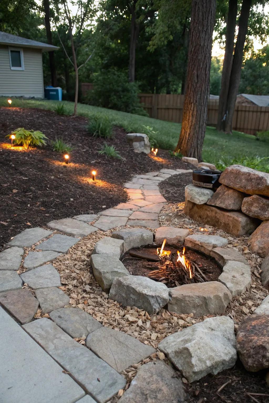 A fire pit creates a cozy outdoor gathering space.