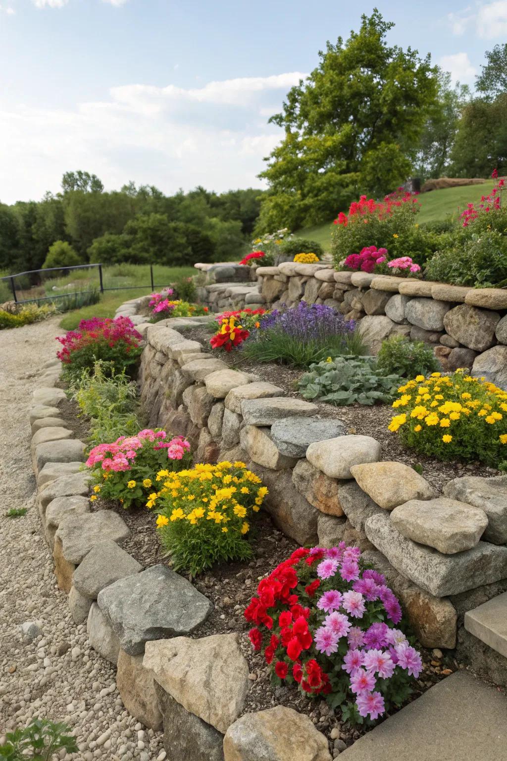 Raised flower beds give dimension and support for colorful blooms.