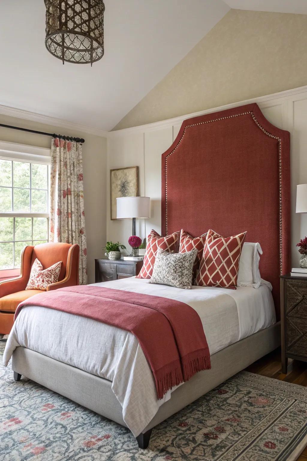 A striking headboard adds drama and focus to the bedroom setting.