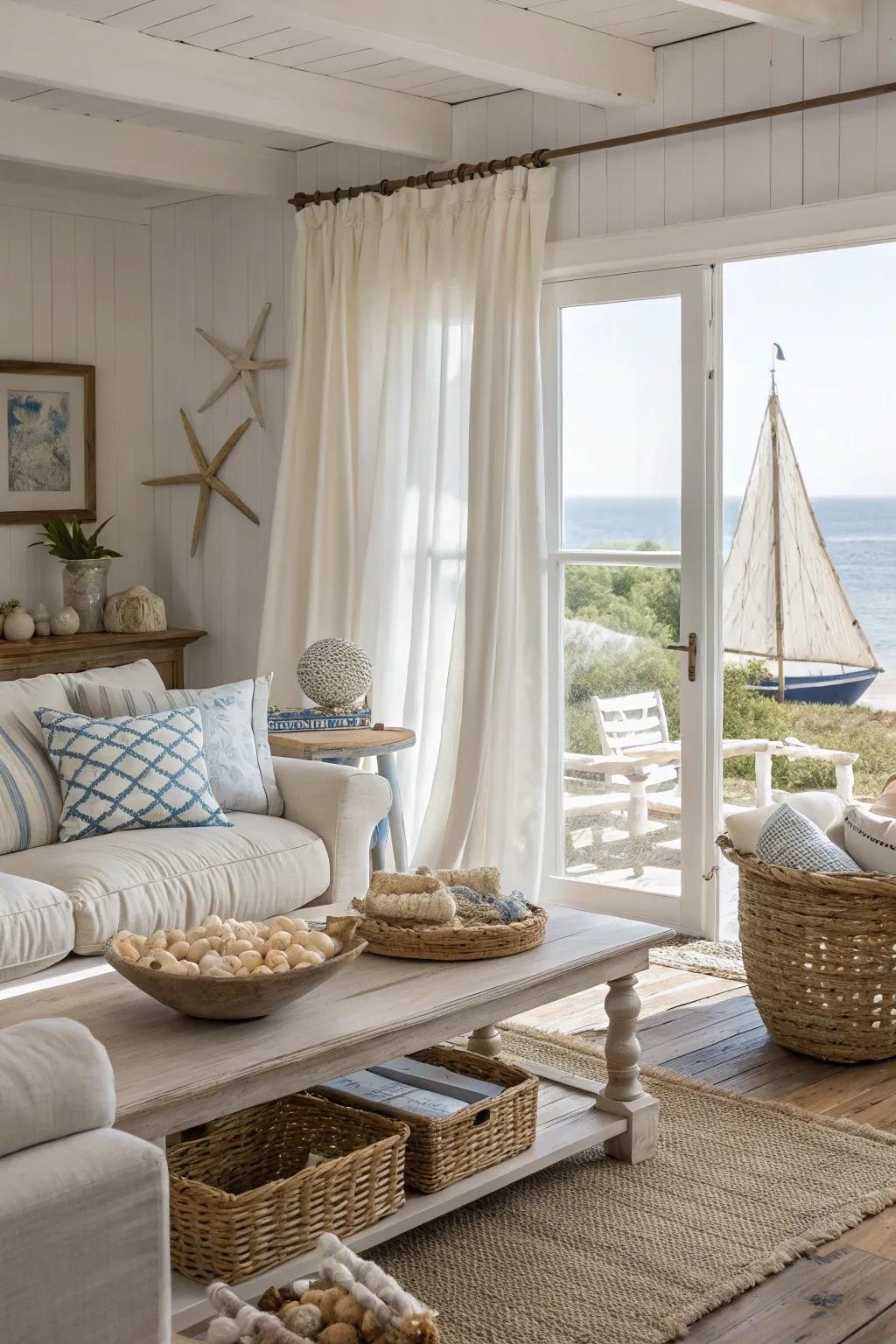 A coastal-inspired living room with soft neutrals and beachy charm.