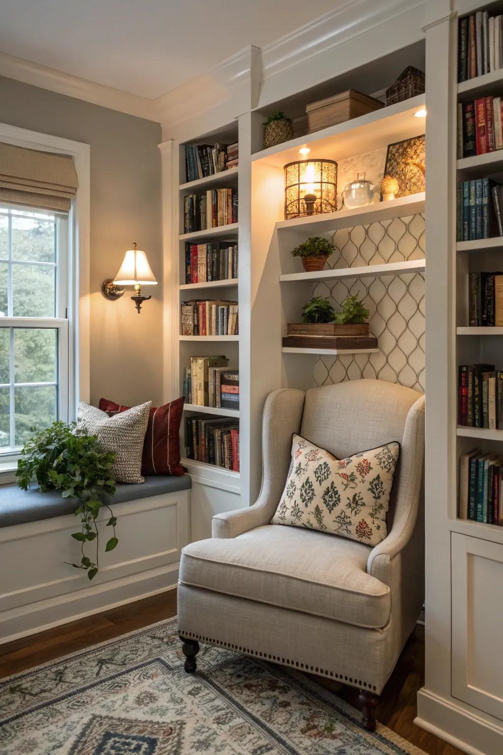 A nook combines relaxing and organizing beautifully.