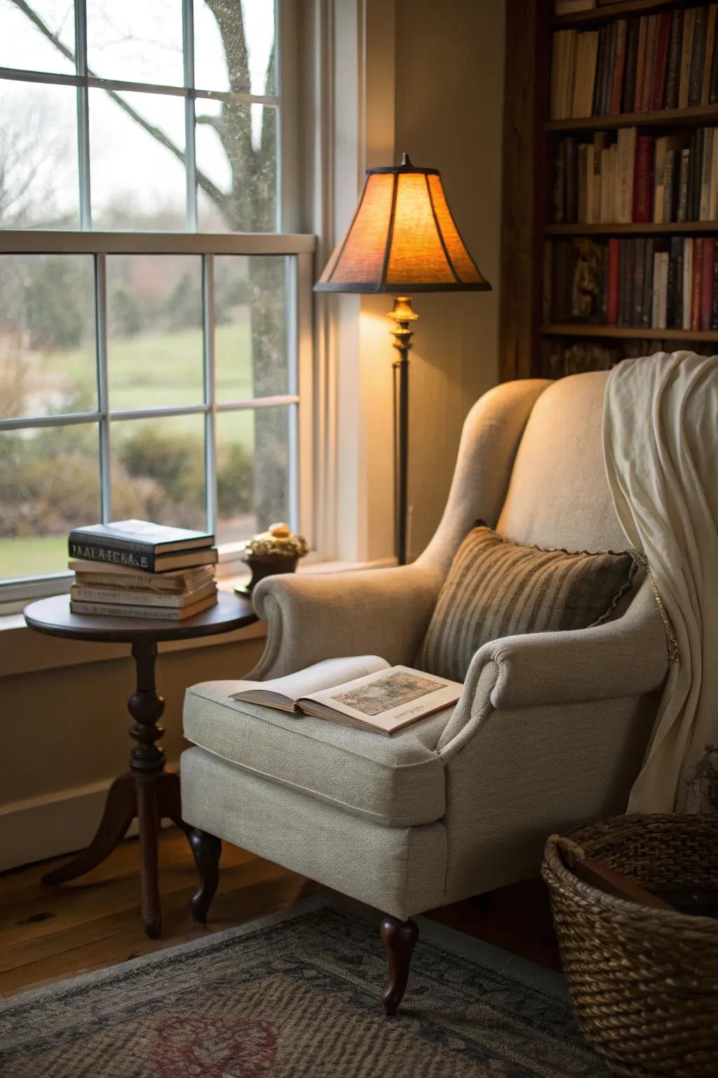 A cozy reading nook designed to encourage unwinding and relaxation.