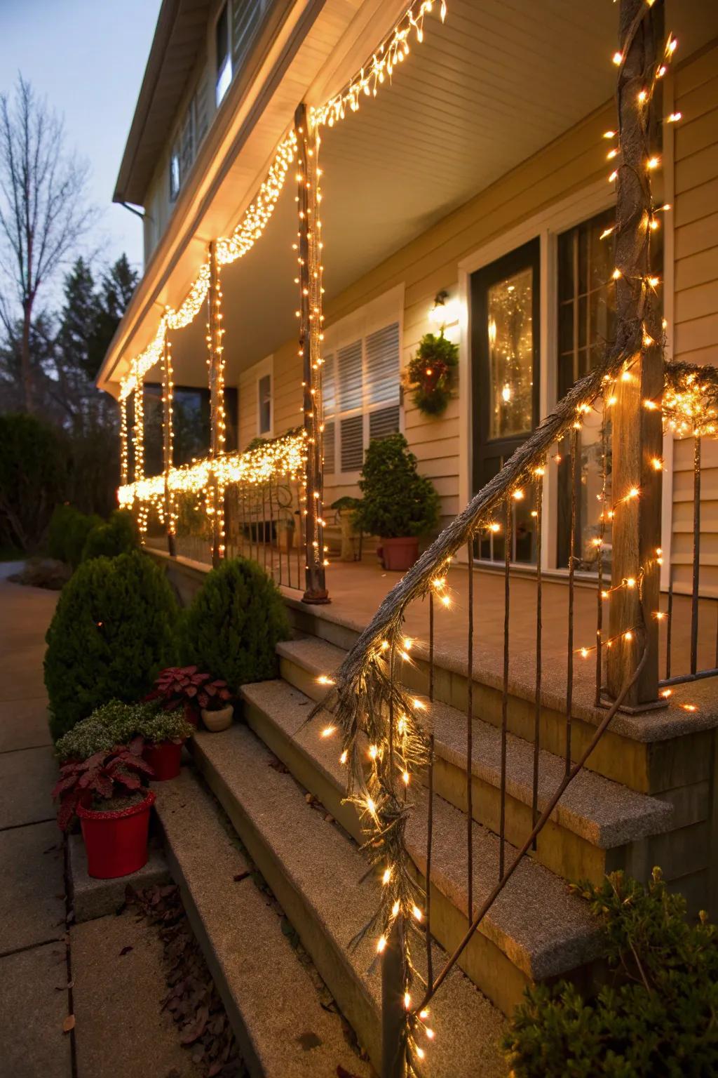 Create a festive front porch with holiday light strands.
