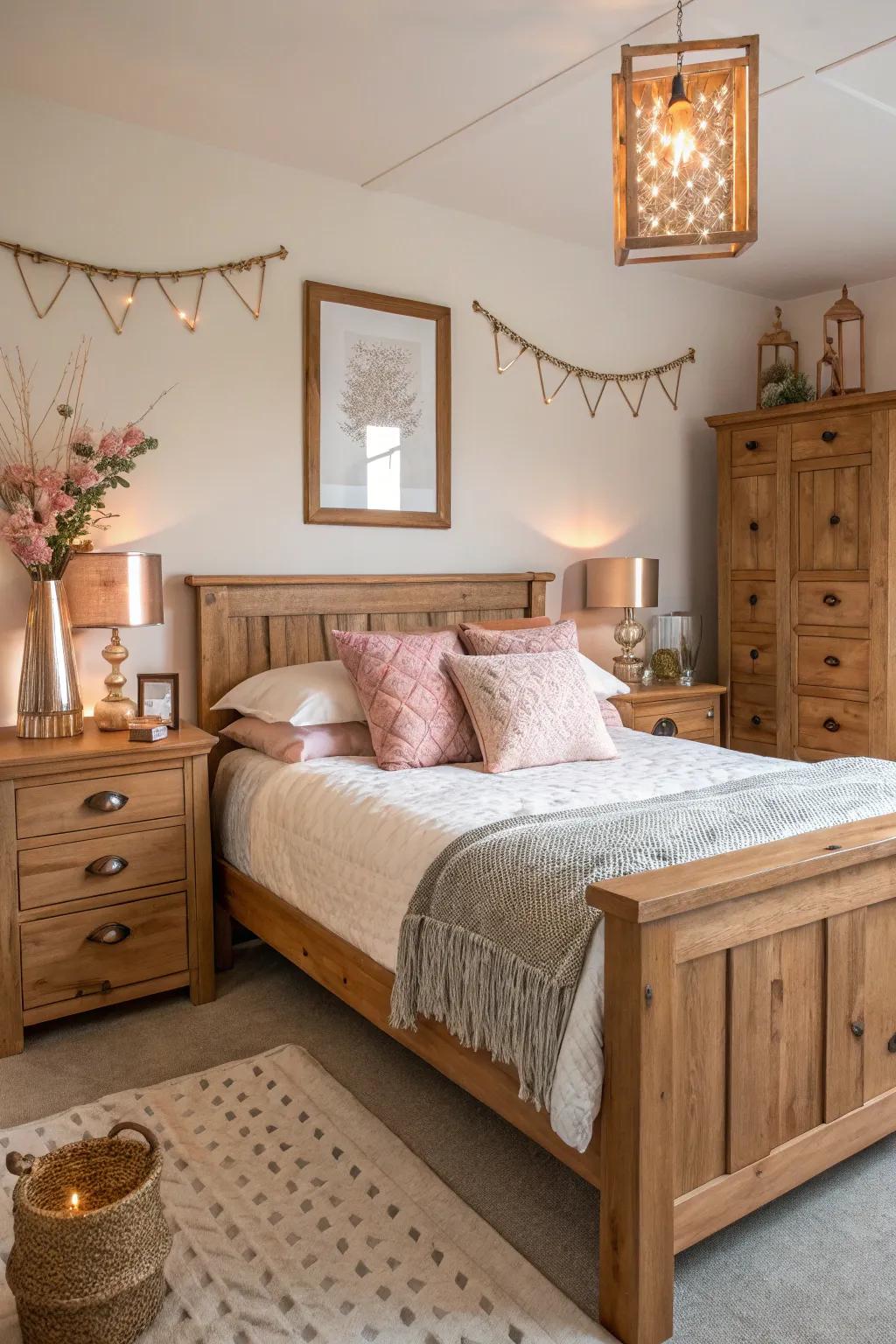 Wood and rose gold create a balanced, cozy bedroom.