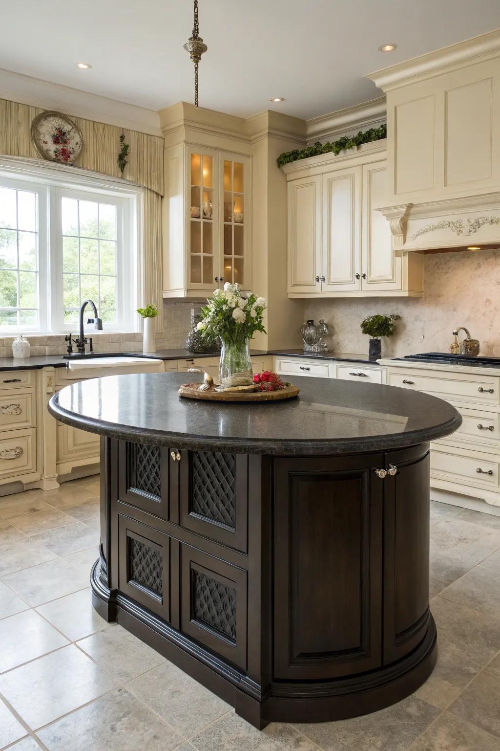 Deep colors infuse drama and sophistication into a circular kitchen island.