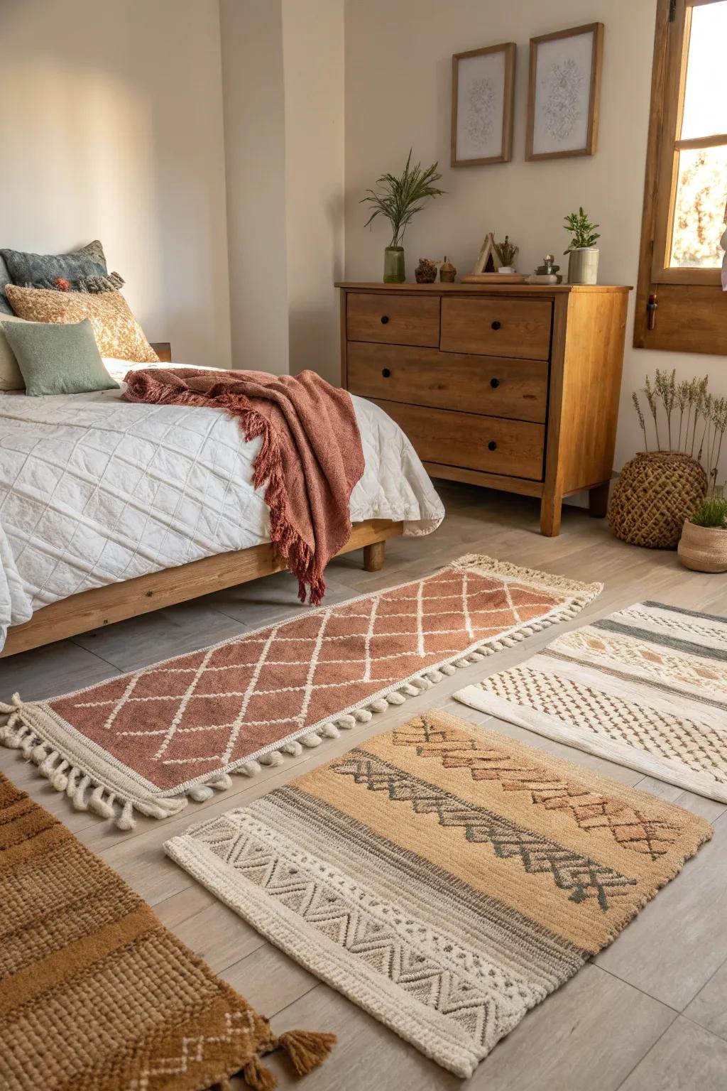 Layering rugs creates a dynamic and textured look.