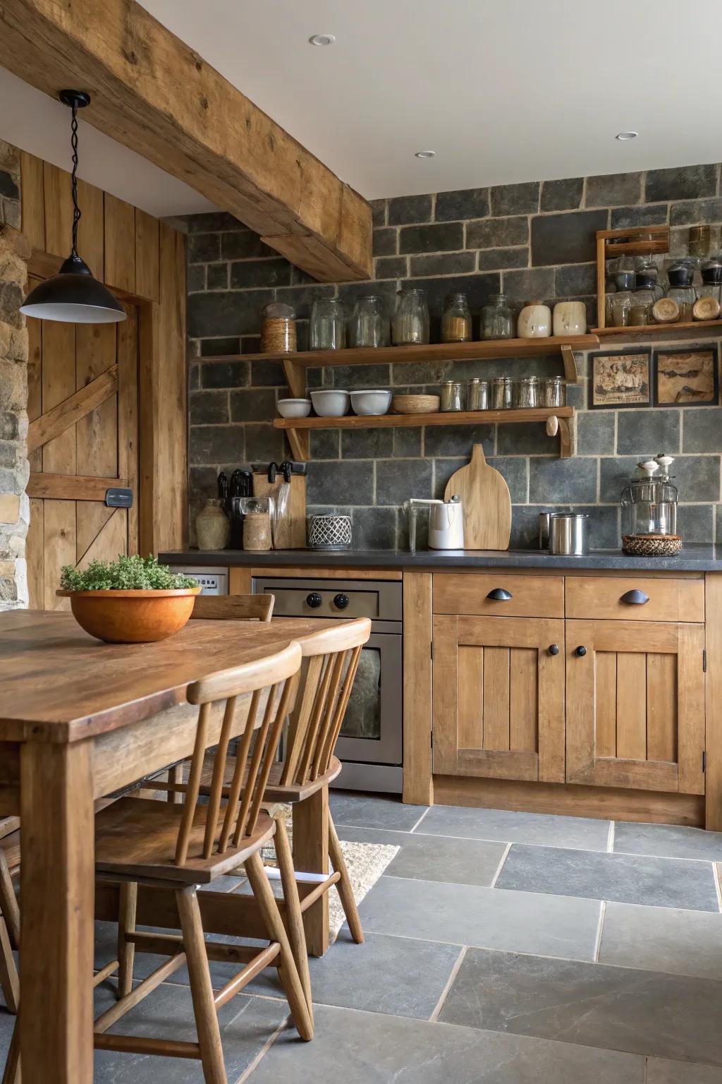 Slate tiles add a innovative rustic charm to the kitchen.
