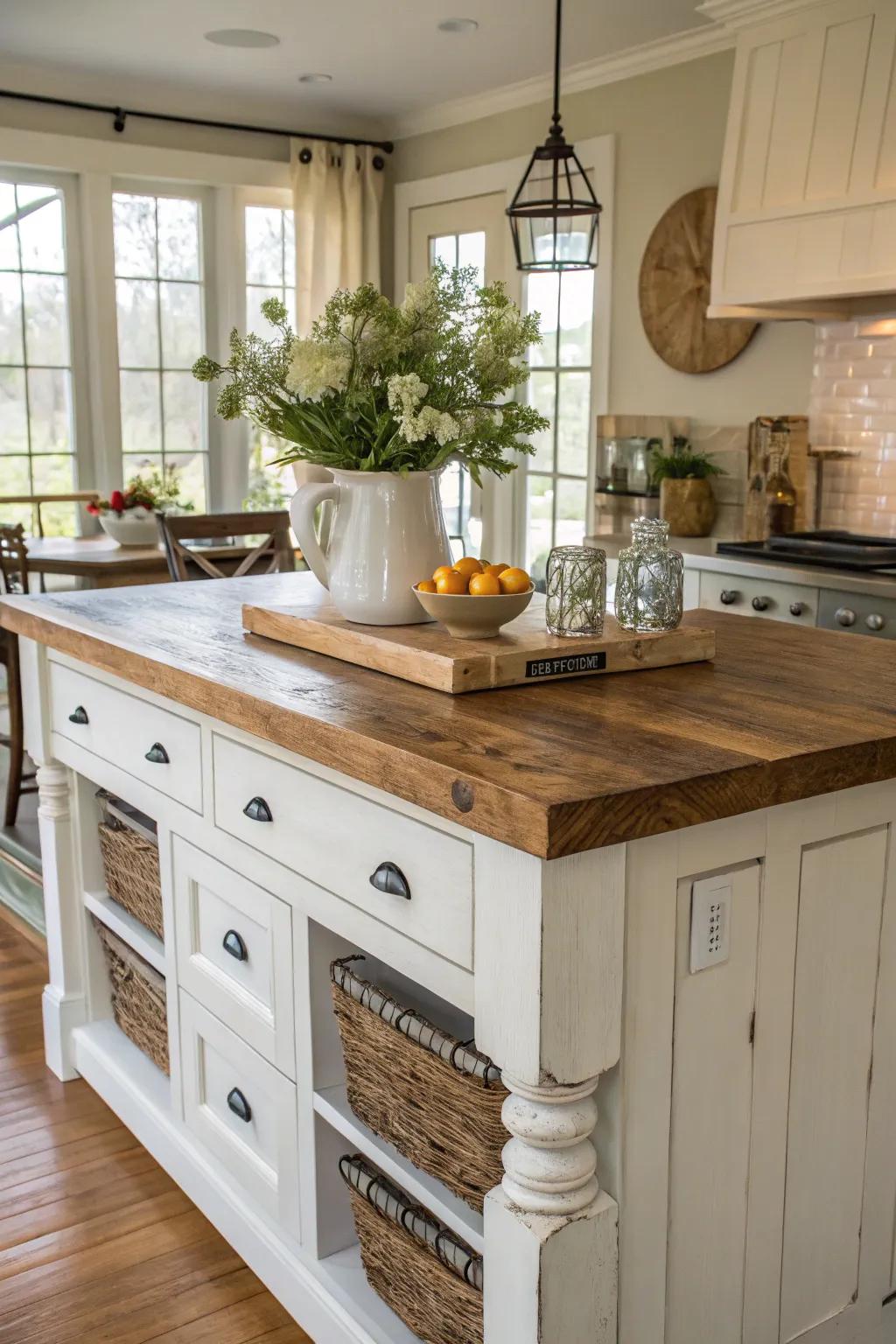 A farmhouse kitchen island with a robust timber block worktop.