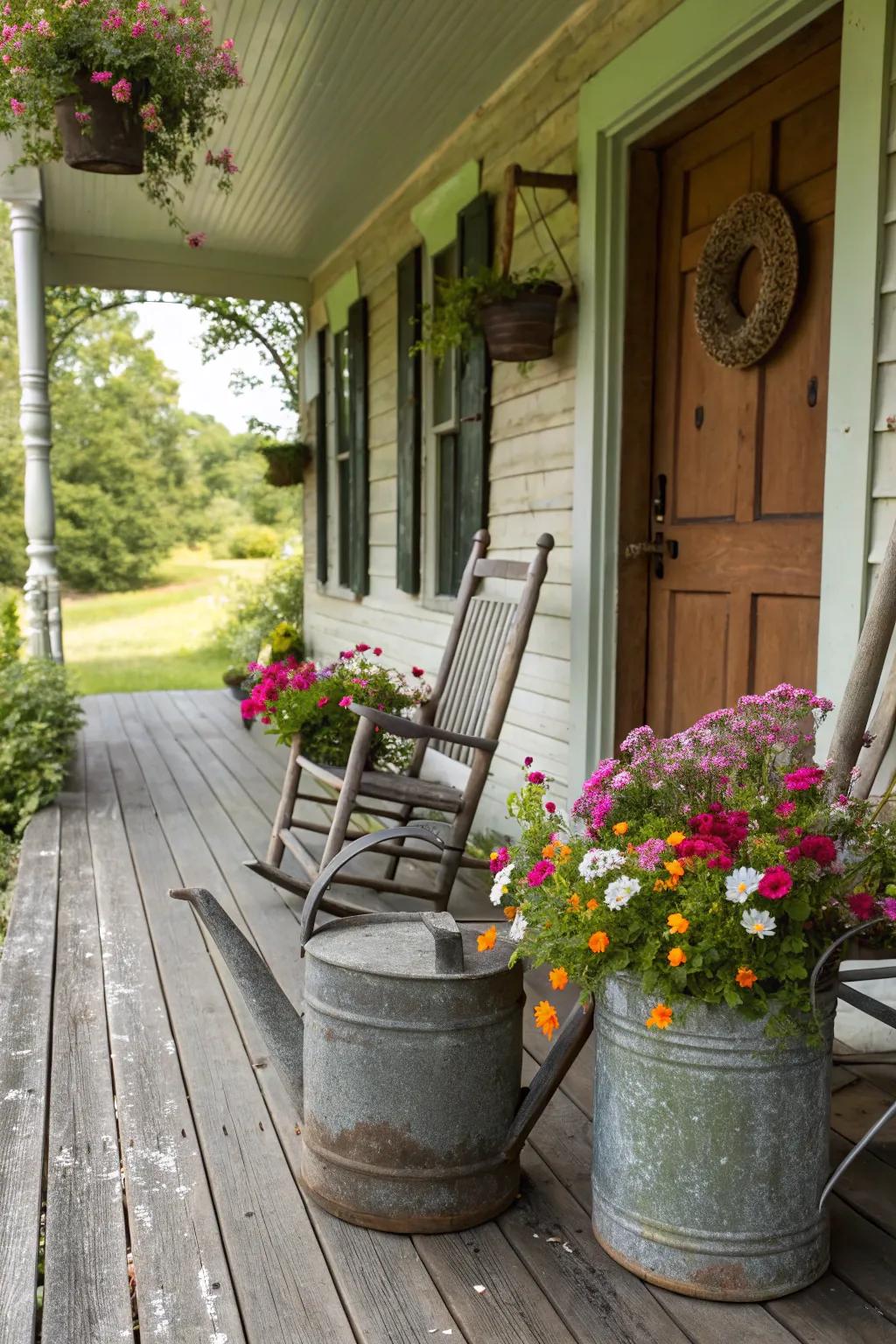 Antique water jugs filled with flowers add vintage charm to a porch.