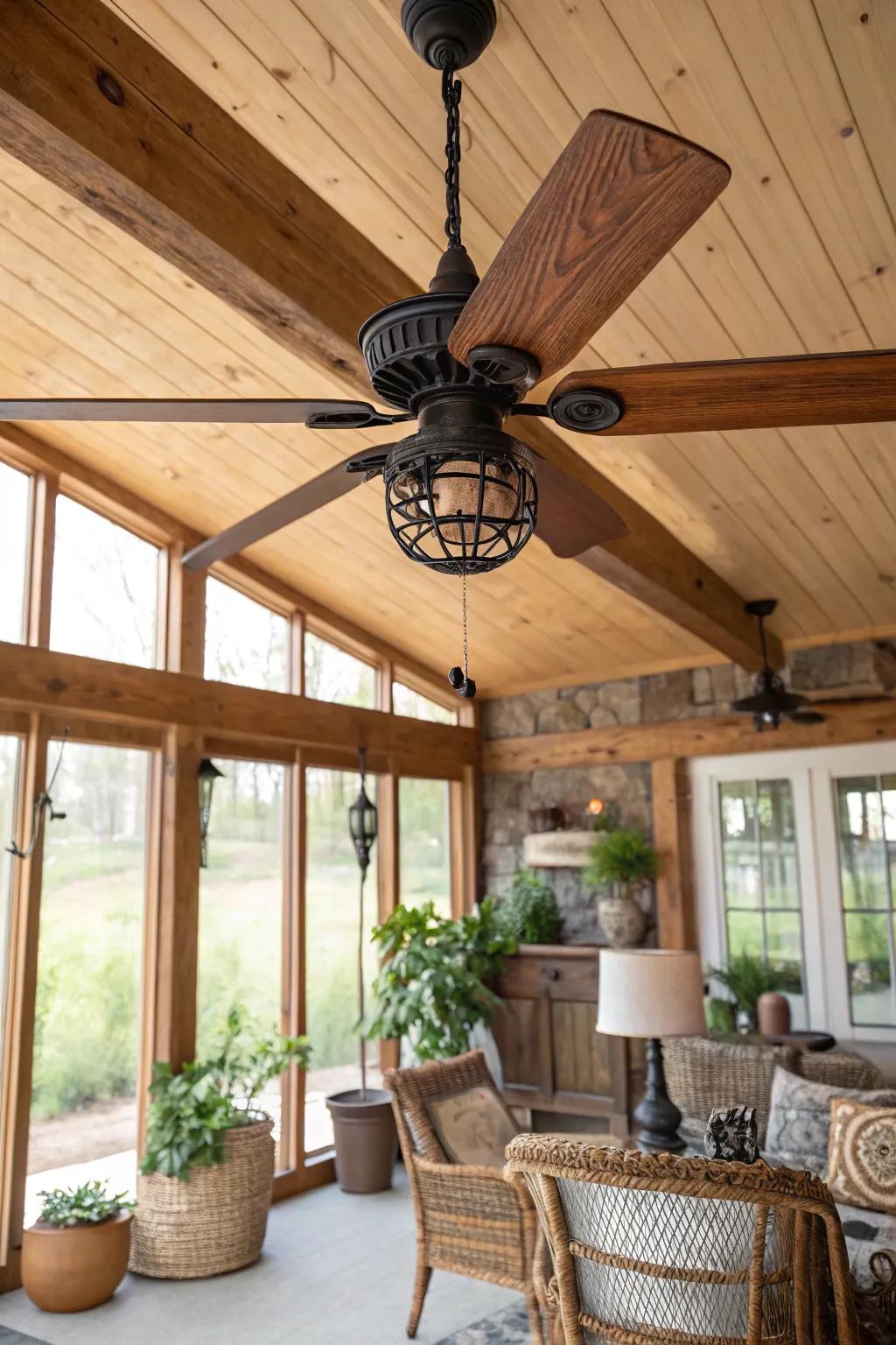 An iron and wood ceiling fan perfectly complements the country-inspired sunroom.