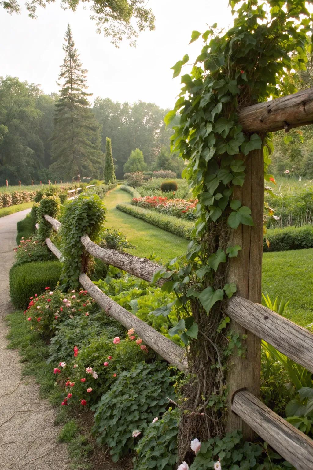 Creeping vines drape over a log fence, crafting a living, breathing structure.