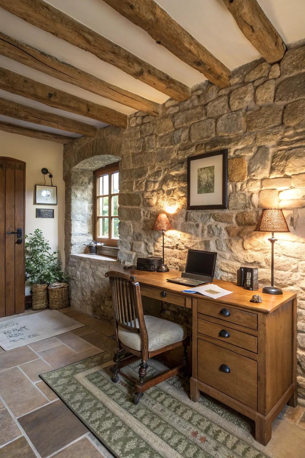 A stone wall adds raw texture to any country office setup.