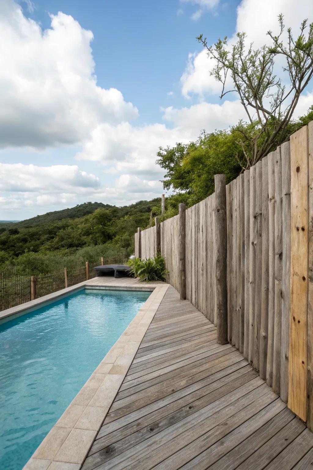 Repurposed timber panels bringing vintage charm to the poolside.