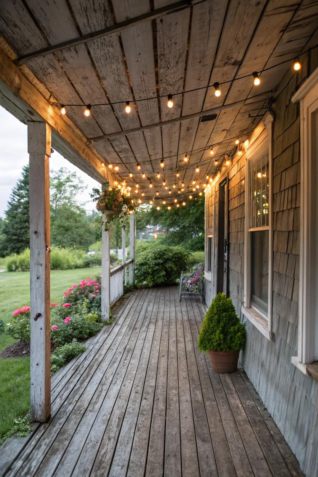 Festoon lights add a magical shimmer to countryside porches.