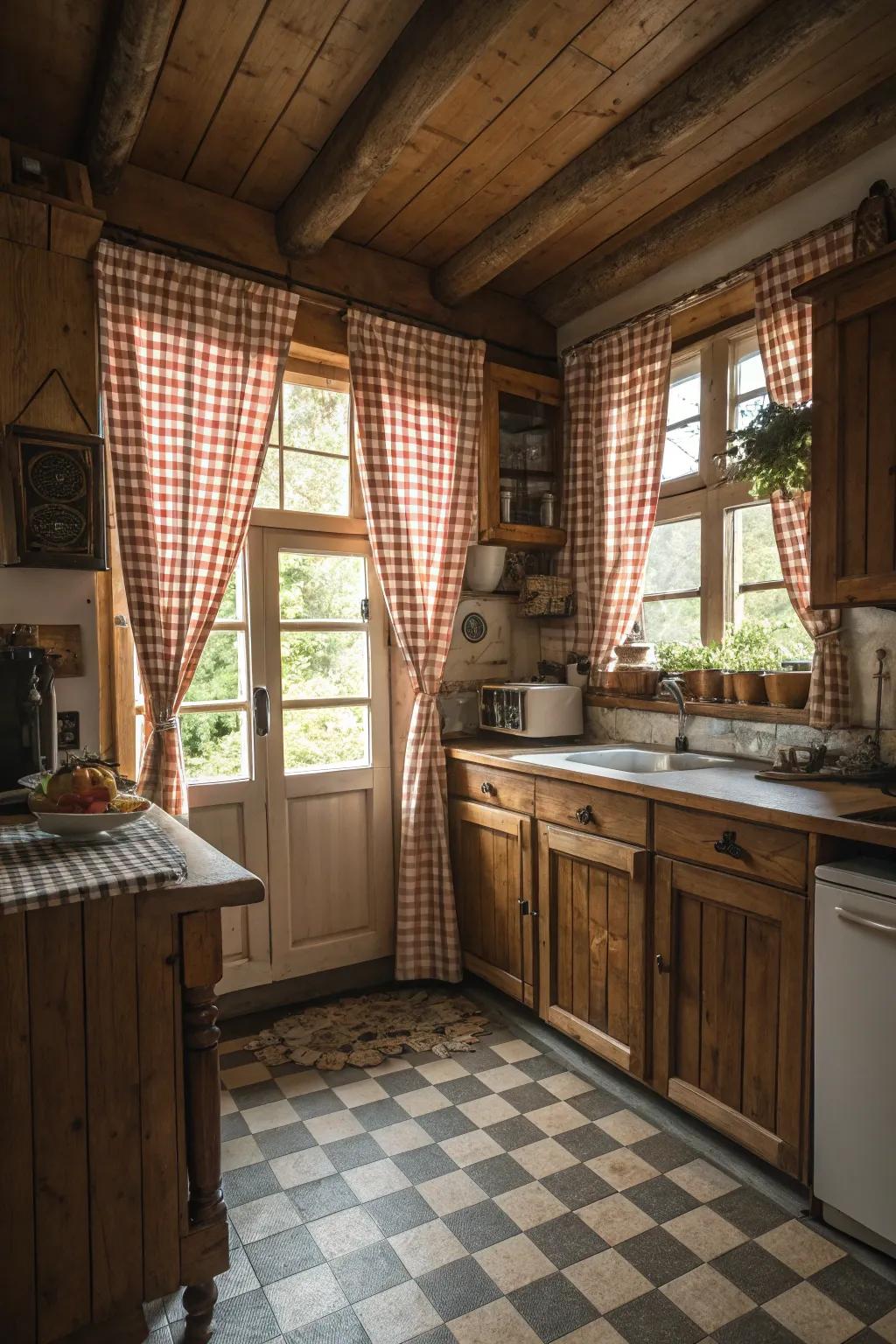 Gingham drapes introduce a nostalgic touch to the kitchen.