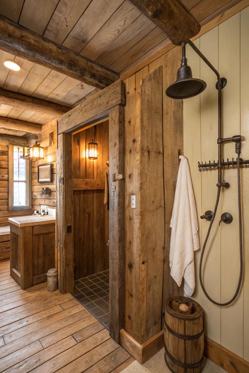 A shower designed with reclaimed lumber elements that contribute history and individuality to the country design.