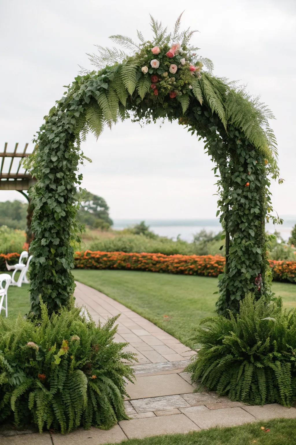 An arch enveloped in greenery, offering an abundant and natural vibe.