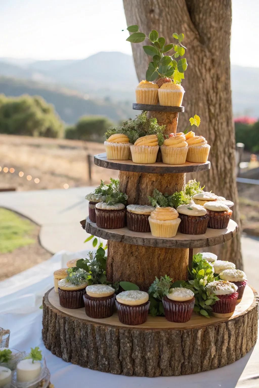 Layered timber cuts design a dynamic dessert presentation.
