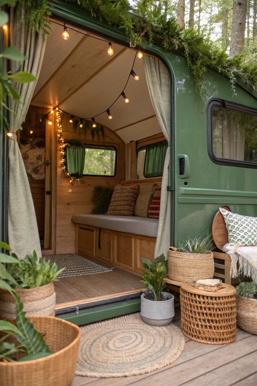 Organic verdant colors fashion a calming, nature inspired RV interior.