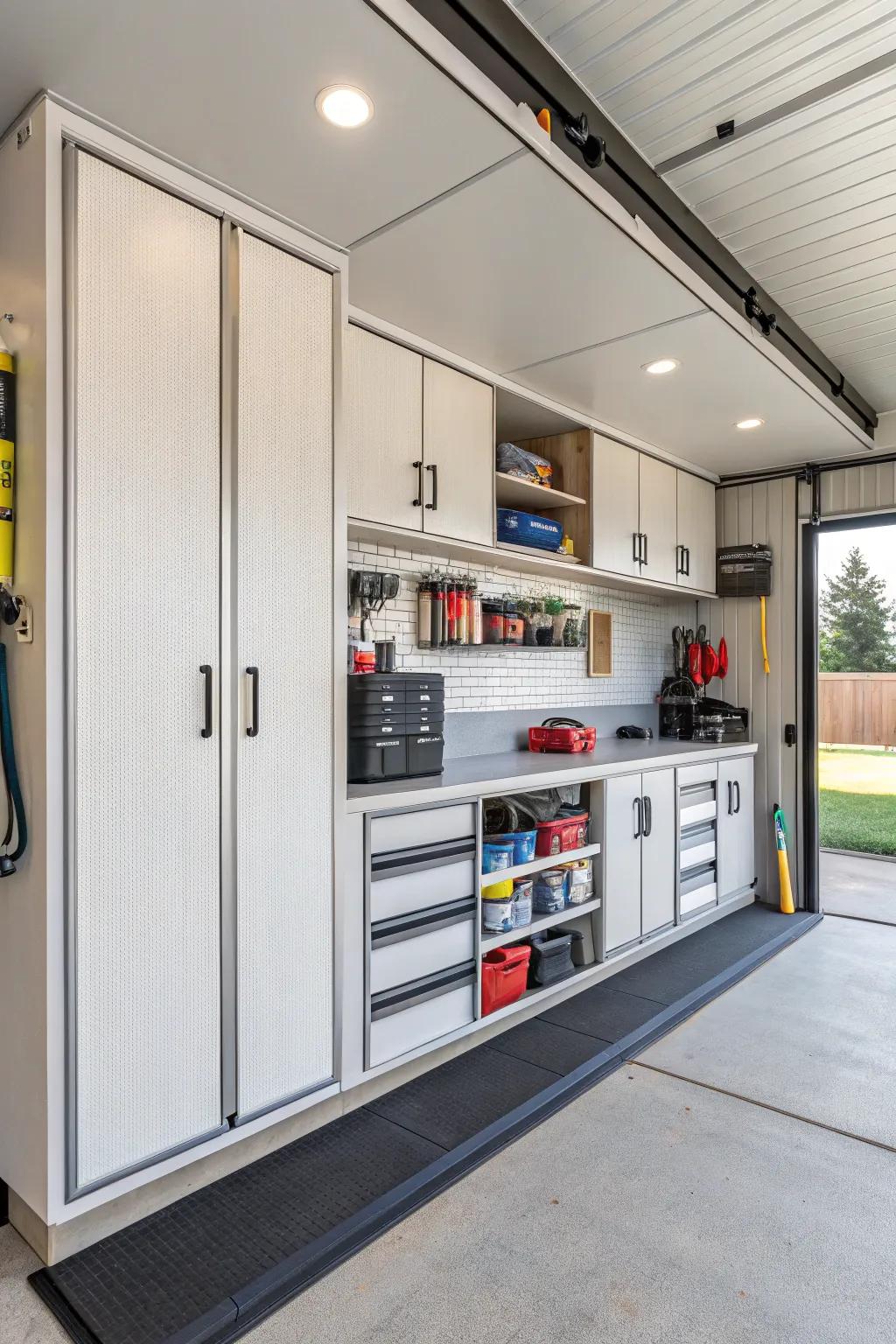 An RV garage with modern storage options for an orderly and well-organized space.