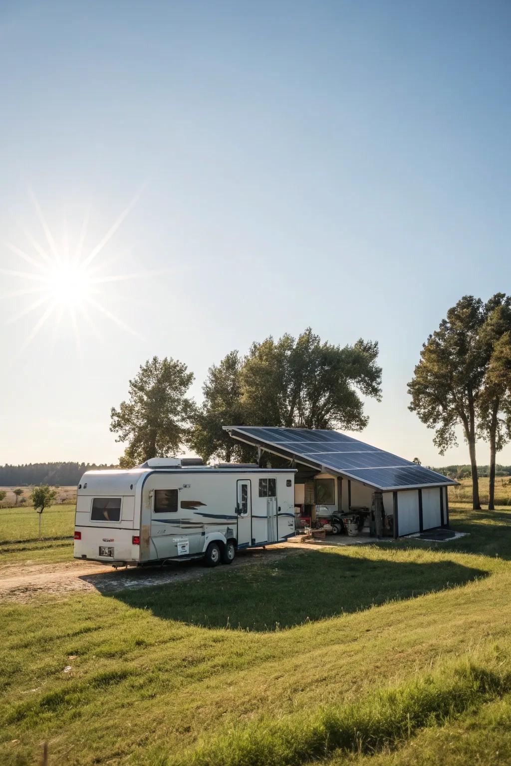 An RV shed with solar panels, blending practicality with sustainability.