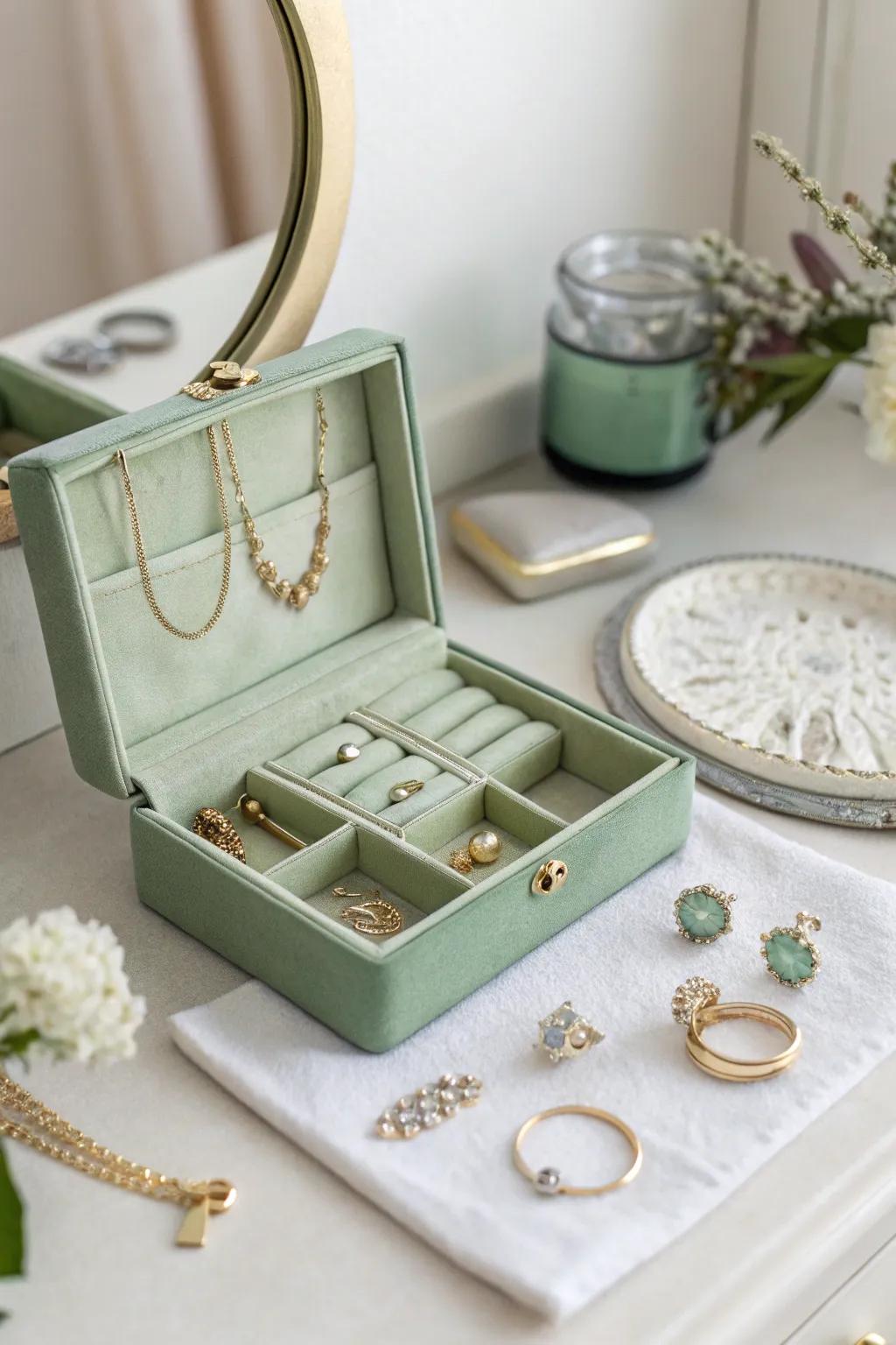 A sage green keepsake box keeps treasures safe and stylish.