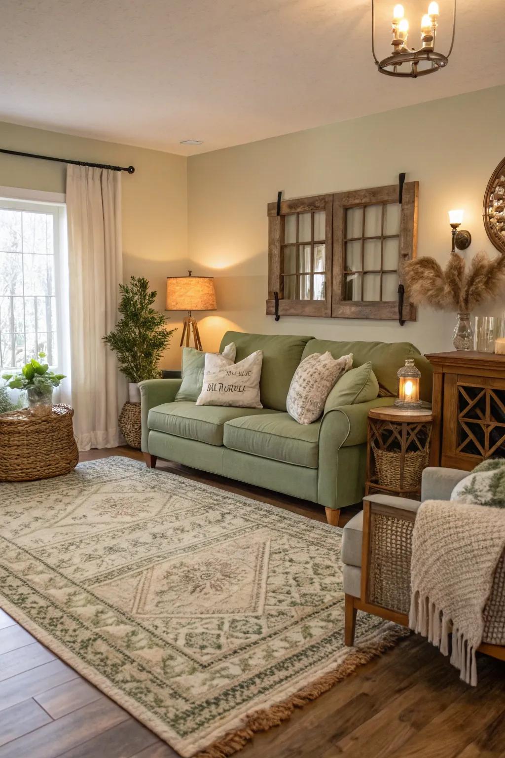 An earthy rug adds warmth and definition to a sage green living room.