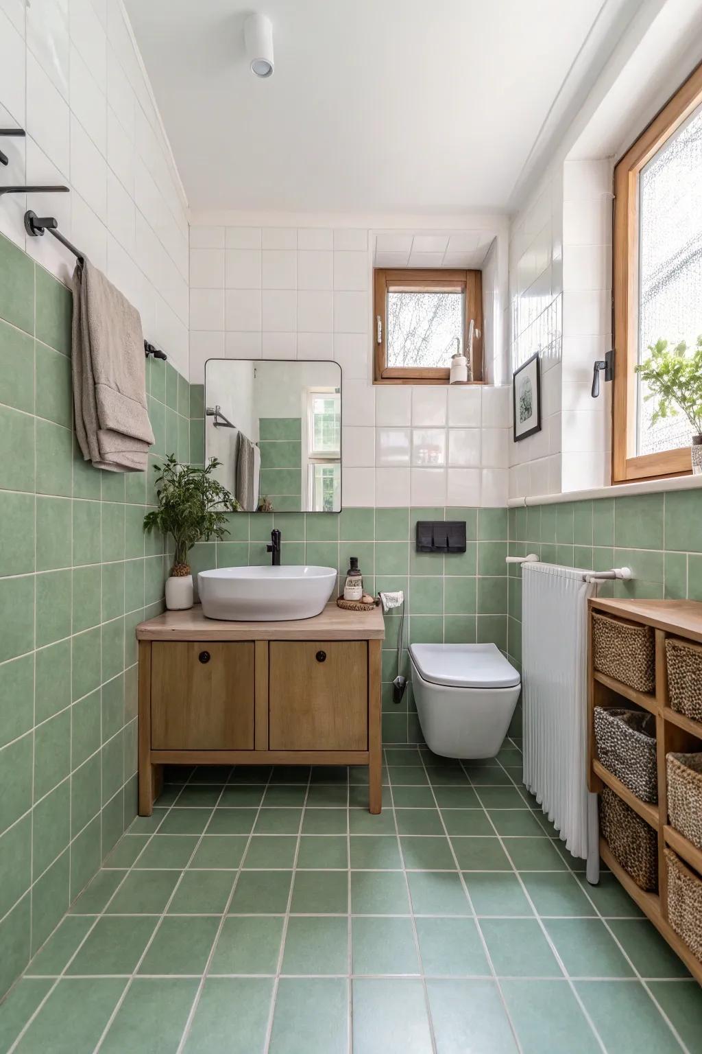 A bathroom featuring sage green floor tiles that make a bold design statement.