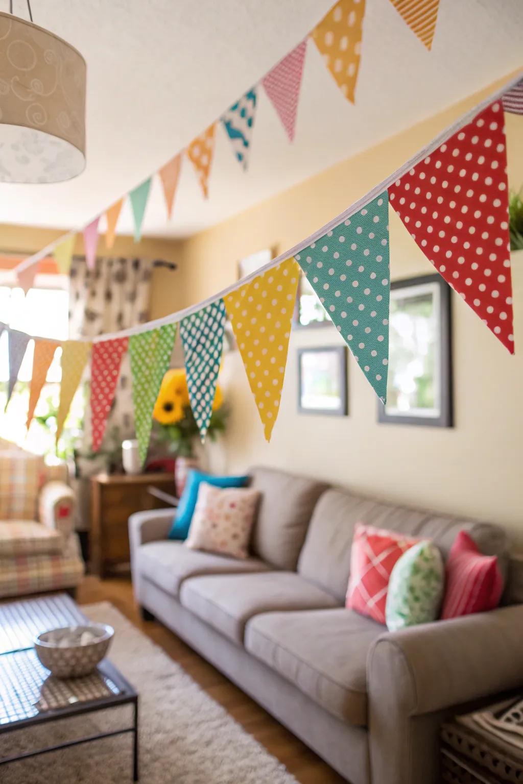 Bunting banners contribute a playful and colorful accent.