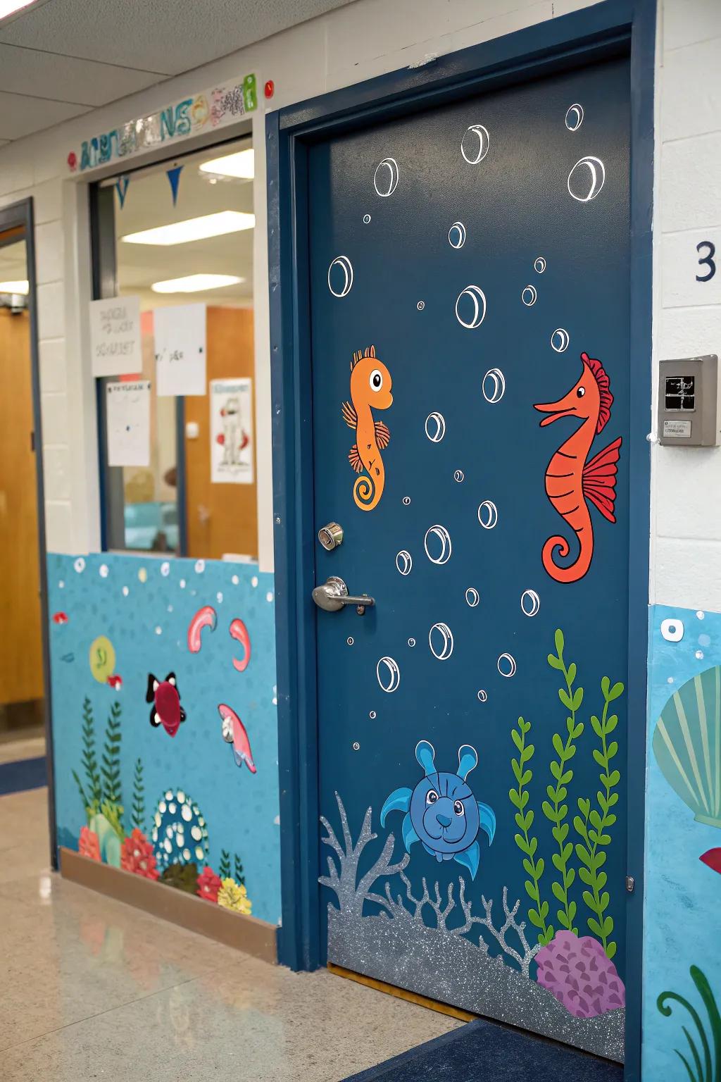 An exciting underwater-themed school door featuring marine organisms.