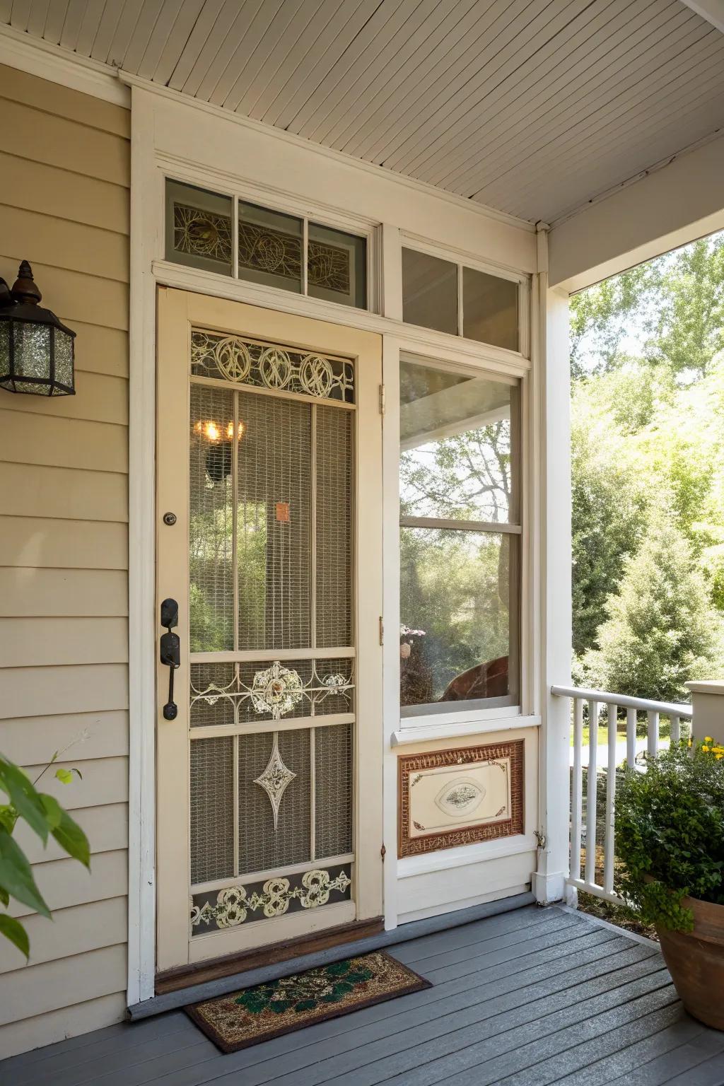 The retro flair of this mid-century modern screen door complements this vintage home.