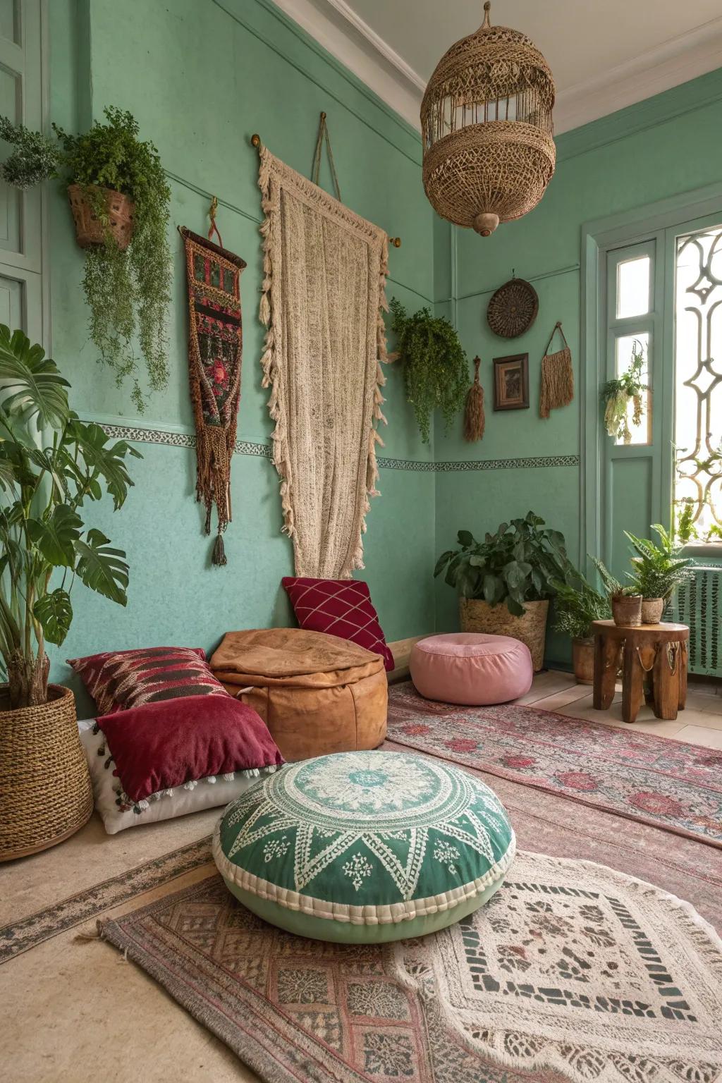 A bohemian retreat features inviting seafoam green walls and varied decor.