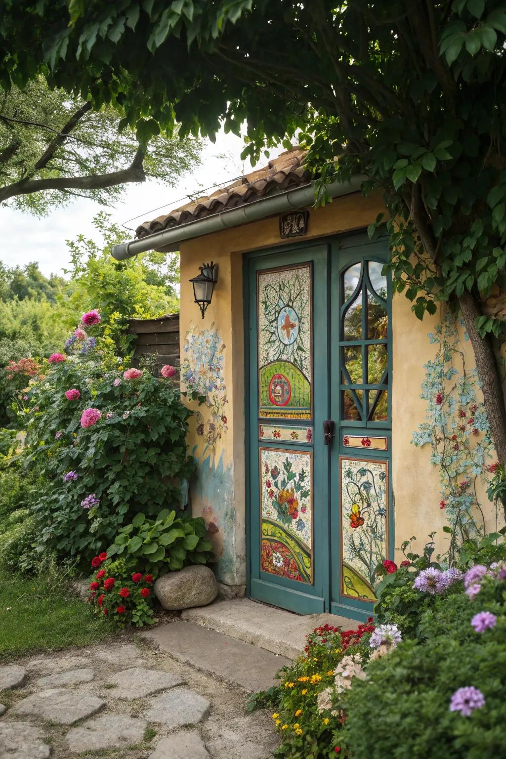 This garden entrance has been transformed into a vibrant work of art by a painting.