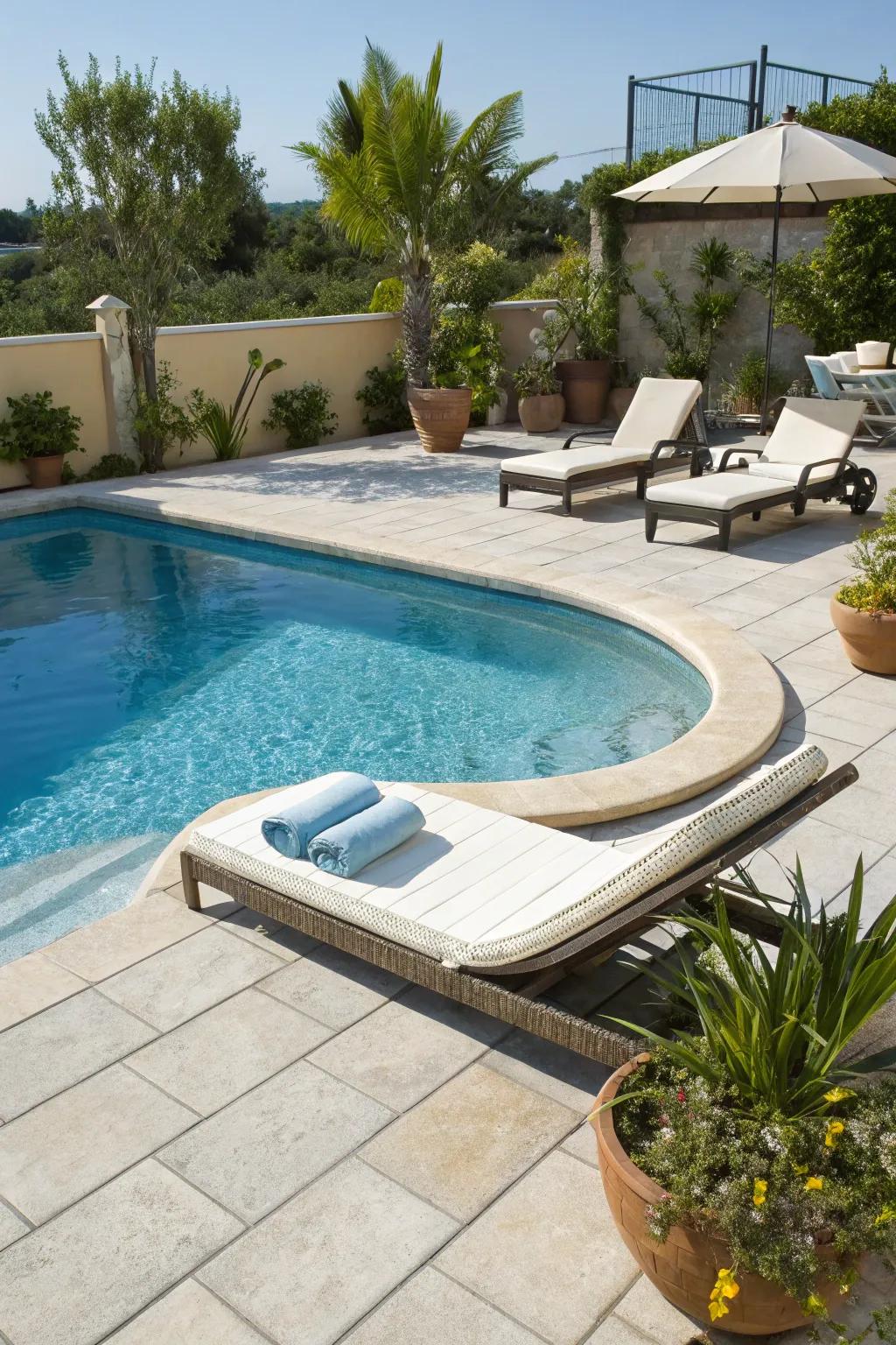 A semi inground pool featuring a relaxing tanning ledge for sun enjoyment.