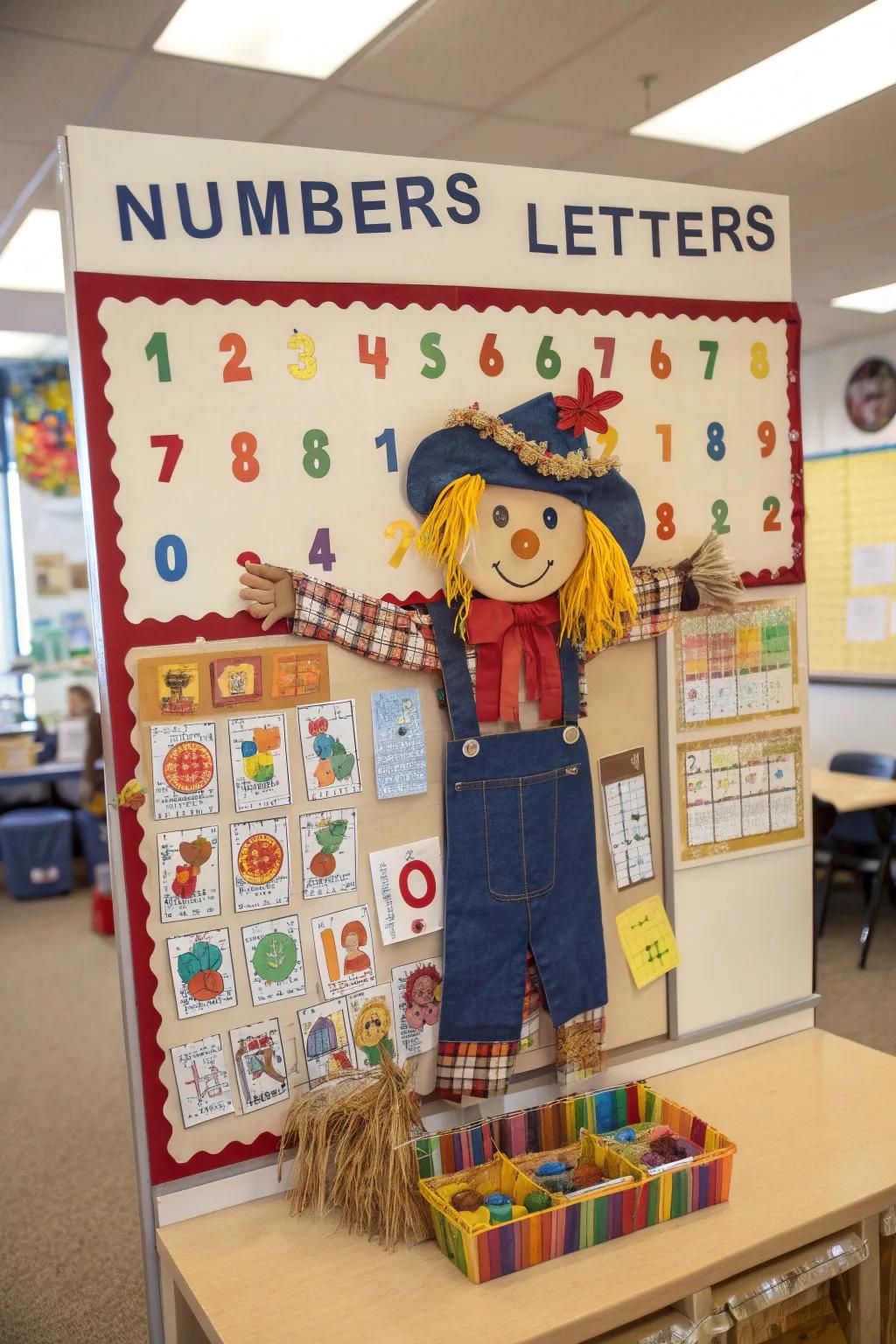 A scarecrow-themed bulletin board filled with educational components.