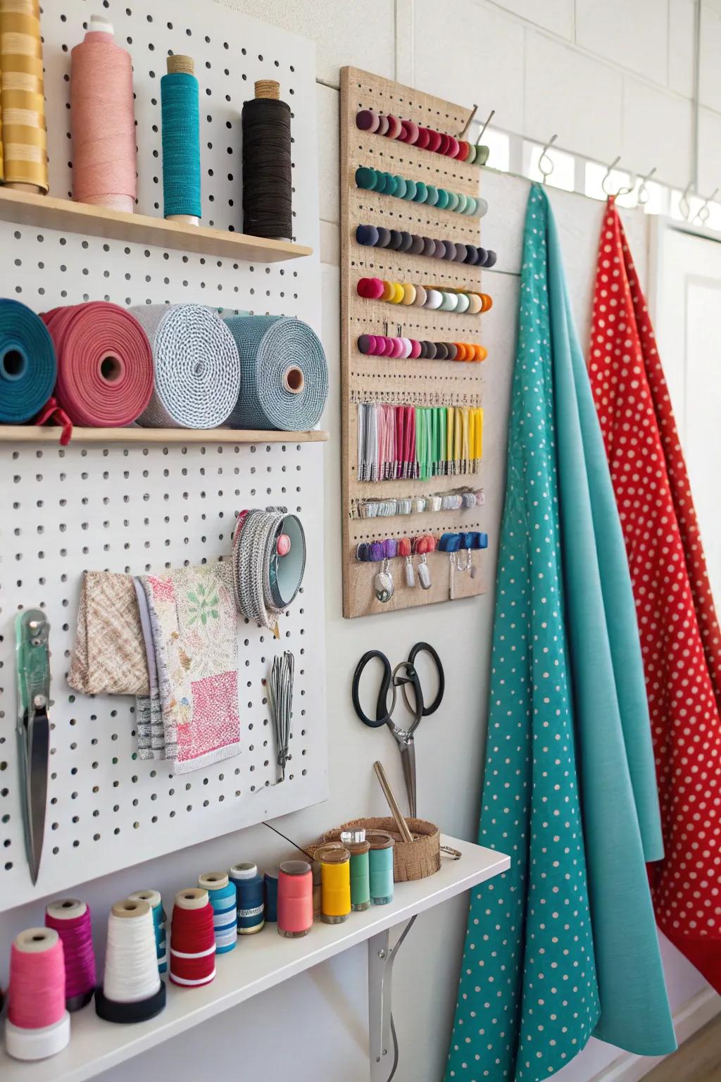 A sewing supply wall turns organization into an art form.