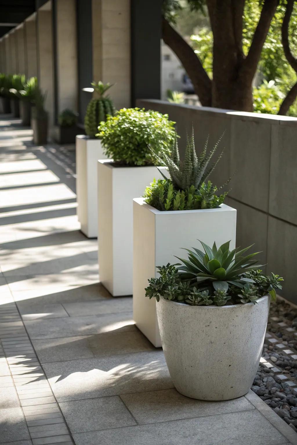 A shaded area featuring modern, uncluttered vessels containing single-toned flora.